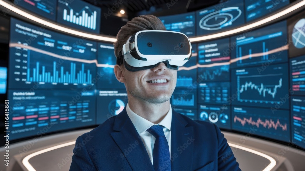 Poster a professional wearing vr goggles in front of a digital data display.