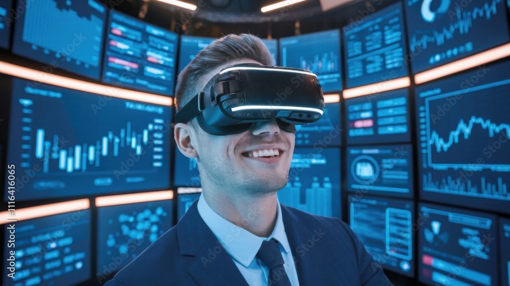 Aufkleber a man wearing vr goggles in a high-tech environment with digital data displays.