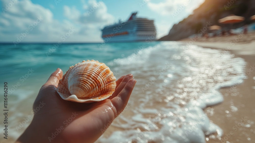 Poster A person holds a beautiful seashell while standing on the beach. Waves gently lap at the shore with a cruise ship nearby under a bright sky.