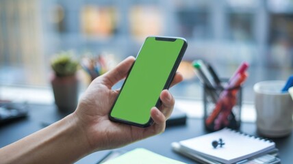 A hand holds a smartphone with a green screen, set on a desk with office supplies.