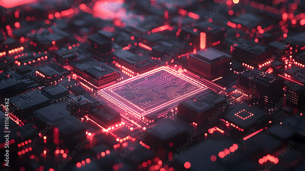 Poster red glowing circuit board with central processor.