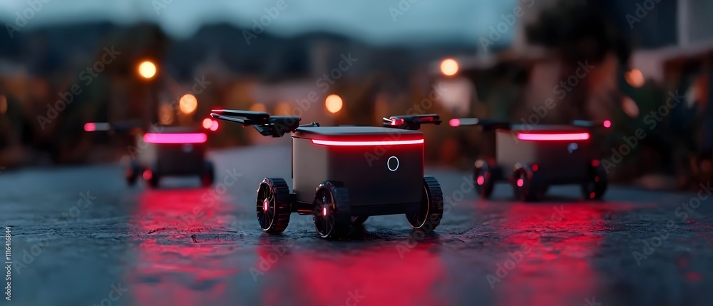 Poster autonomous delivery robots effortlessly navigating through a neon lit high tech urban landscape show