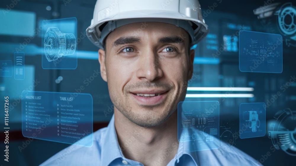 Poster a smiling man in a hard hat with digital interfaces displaying engineering data.