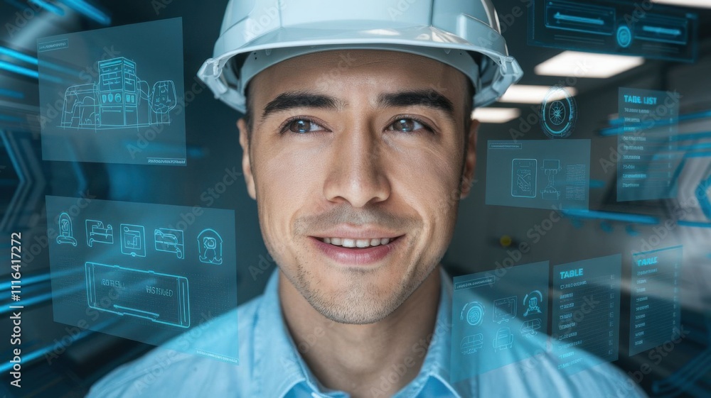 Poster a smiling professional in a hard hat surrounded by digital interface elements.