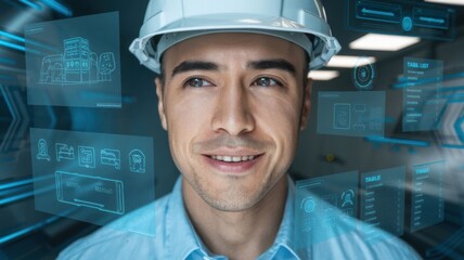 A smiling professional in a hard hat surrounded by digital interface elements.
