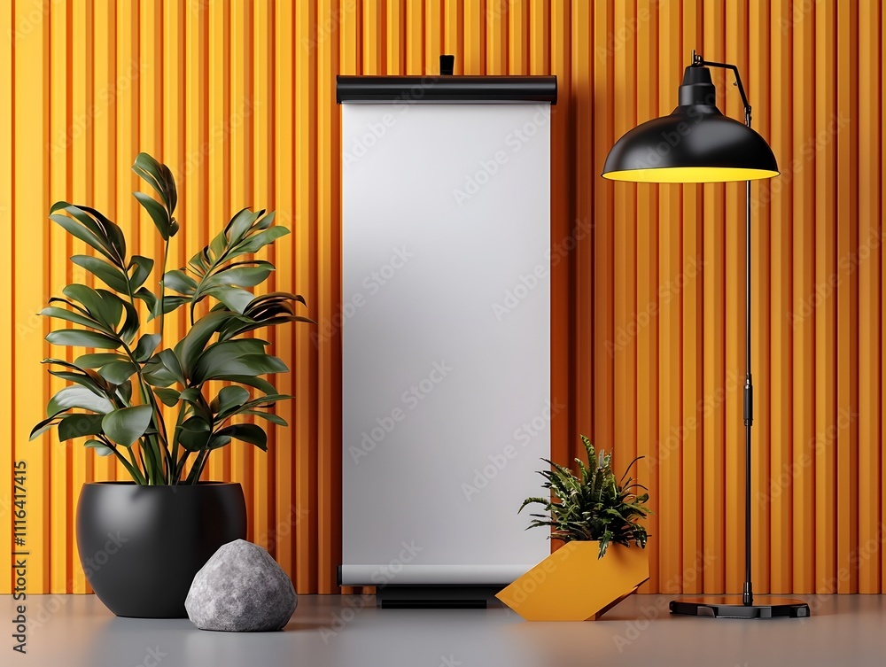 Poster minimalist and professional blank roll up advertisement in a bright airy studio setting featuring sl