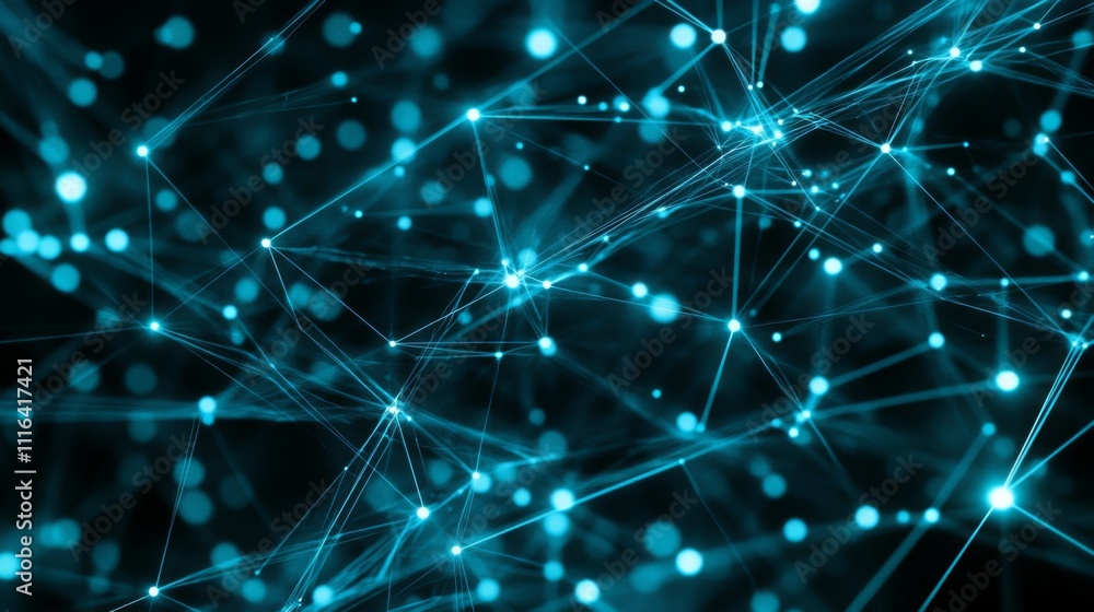 Poster abstract blue network connections with glowing nodes on dark background