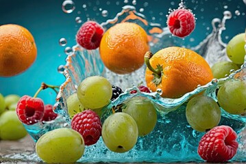 A vibrant and refreshing stock photo featuring an assortment of fresh fruits splashing into clear water.