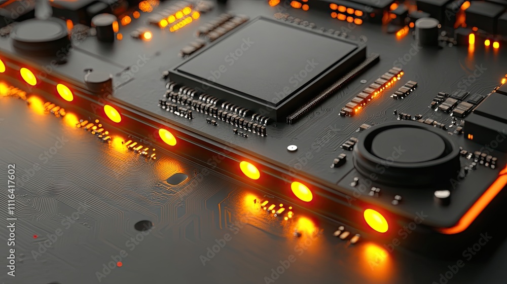 Poster close-up view of circuit board with illuminated orange leds and chips