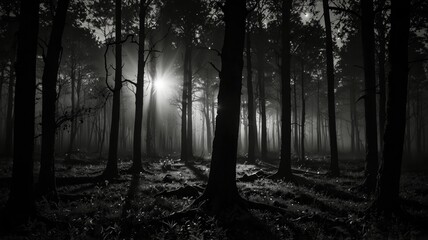 Fototapeta premium magical lights sparkling in mysterious fores monocrome