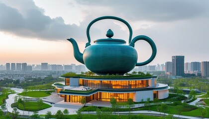 Minimalistic urban building featuring a massive teapot on the roof during sunset, with green...