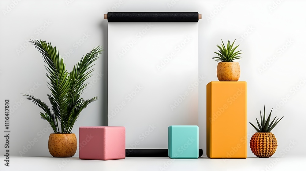 Poster minimalist studio backdrop with an empty roll up advertisement and focused lighting highlighting an 
