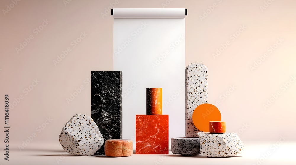 Poster minimalistic studio backdrop with clean white paper roll up banner and soft diffused geometric shape