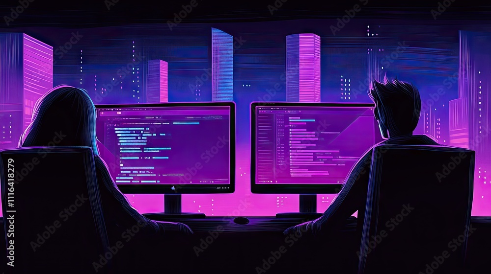 Poster two programmers coding at night with colorful city background