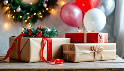 Stacked Christmas gift boxes with festive ribbons and decorations, set against blurred holiday lights and balloons, with copyspace

