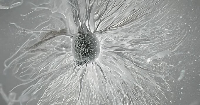 Electron microscopy sequence highlighting a microglia cell in close contact with a neural synapse