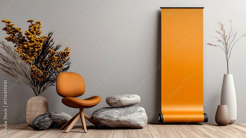 Poster unprinted roll up banner displayed in a calm serene studio setting with muted tones minimalist decor