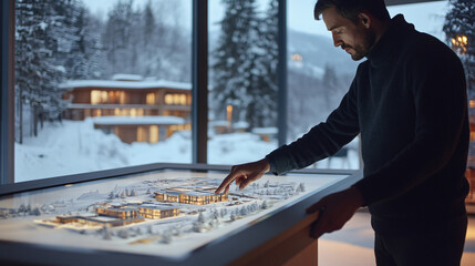 An architect visualizing winter resort designs on a large touch-screen table in a modern office with snowy landscapes outside and advanced 3D modeling software in use.