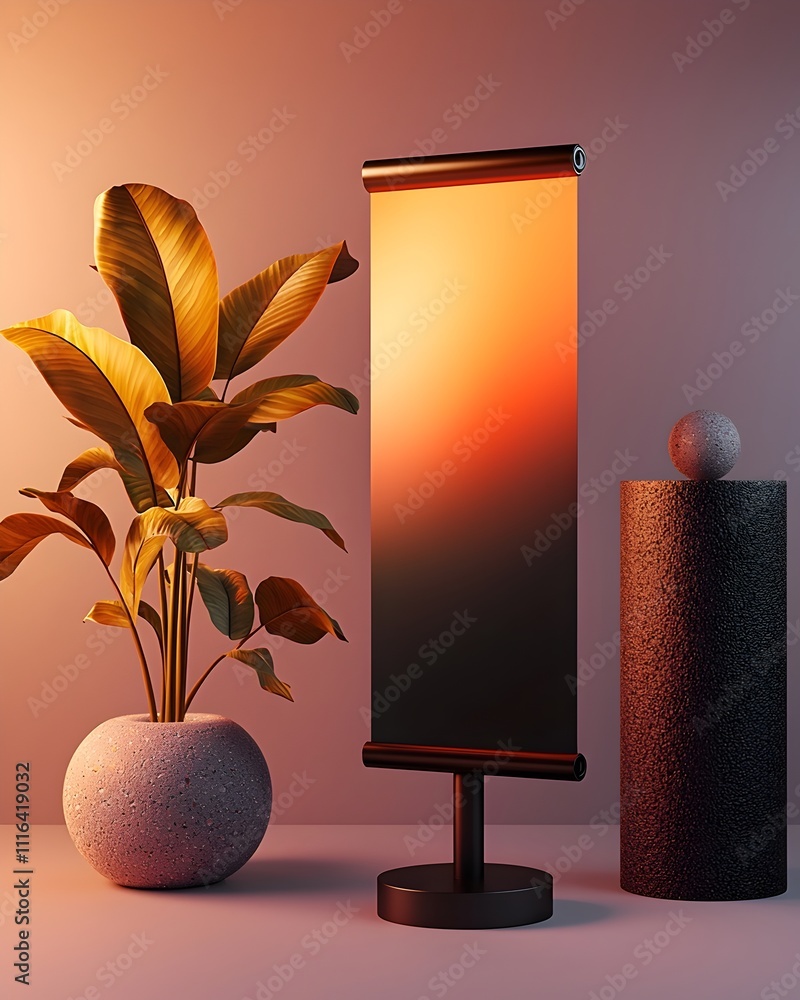 Poster solitary roll up banner stand displayed in an austere dimly lit studio environment the design featur