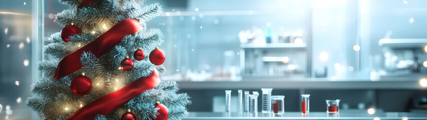 Decorated Christmas tree with gifts inside a laboratory with appliances and glass tubes in the background. Concept of Christmas celebration during working.