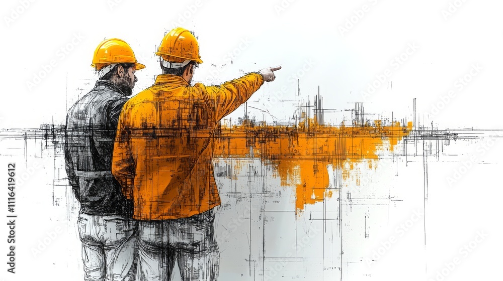 Poster construction workers discussing project details in a minimalist line drawing style