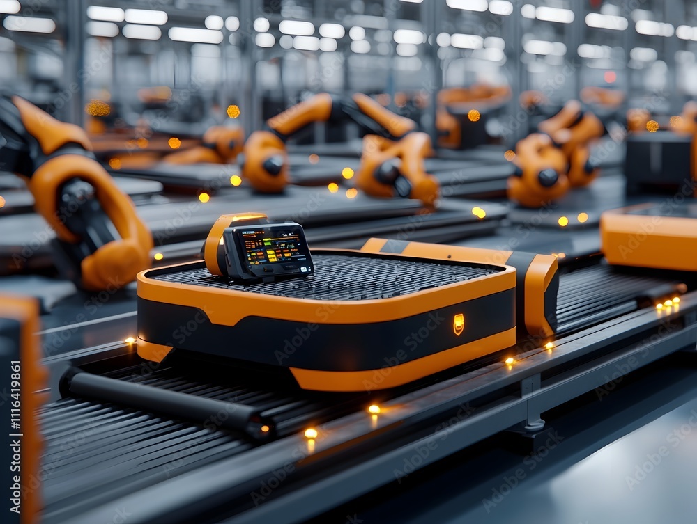 Aufkleber automated warehouse with a network of conveyor belts and robotic arms displaying precise digital rea