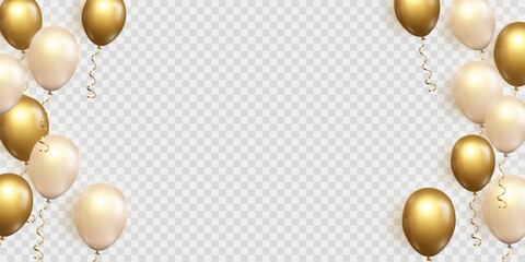 Vector golden luxury balloons isolated on png background. Realistic festive 3d helium balloons template for anniversary, Birthday party design. Vector illustration on transparent background