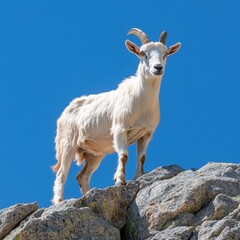 Fototapeta premium A majestic white goat stands confidently atop a rocky outcrop against a clear blue sky, This striking image can be used for nature-related projects, wildlife conservation, or outdoor adventures,