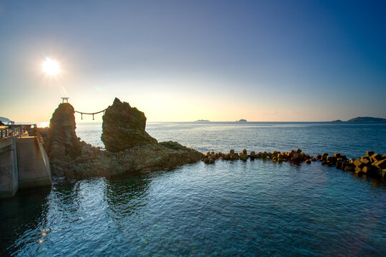 Meoto Iwa, or Married Couple Rocks, the couple rocks represent as the wedded couple in the Nomozaki area, the southern part of Nagasaki city in Kyushu, Japan