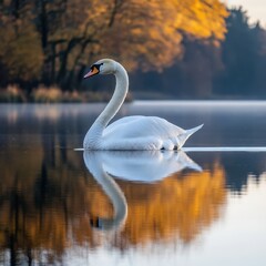 Fototapeta premium A serene swan glides across a calm lake at sunrise, surrounded by autumn foliage, This image is perfect for nature-themed projects, environmental campaigns, or serene settings in publications,