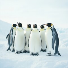 Obraz premium A charming group of penguins huddles together in a snowy landscape, showcasing their unique features and social behavior, This image can be used for educational materials, wildlife articles