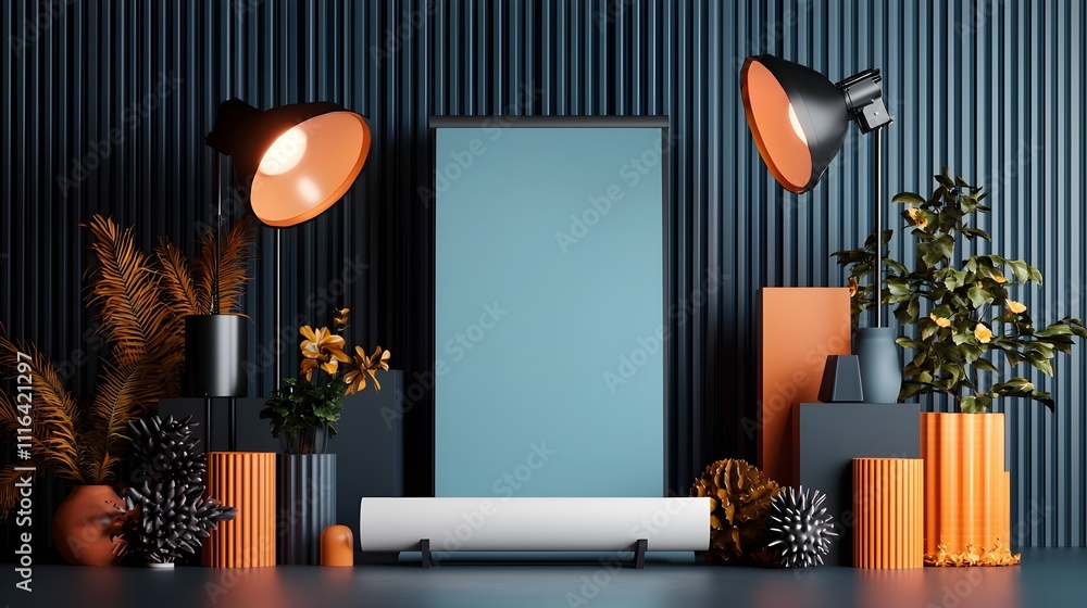 Poster minimalist and geometric studio environment with empty roll up banner muted color palette and focuse
