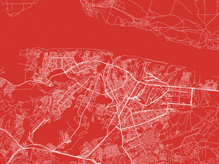 Christmas Map of Cheboksary, Russia in Snowy White on Festive Red Background.