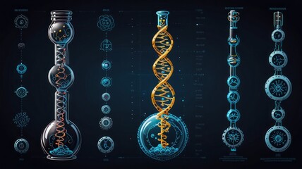 Futuristic science flasks with DNA, atoms, and gears.