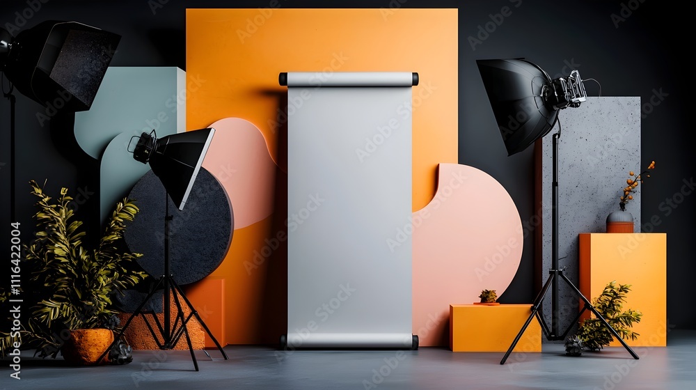 Poster minimalist studio environment with an empty roll up banner and focused lighting featuring clean geom