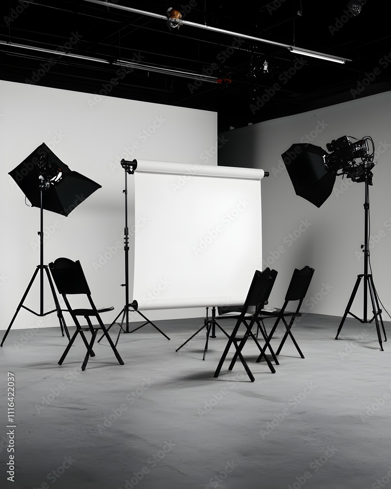Poster minimalist and modern studio setting featuring a blank roll up banner with clean lines negative spac