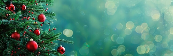 Fototapeta premium A beautifully designed Christmas background with a tree decorated in red ornaments, blurred glowing lights, and a festive green theme ideal for holiday cards, banners, and seasonal celebrations.