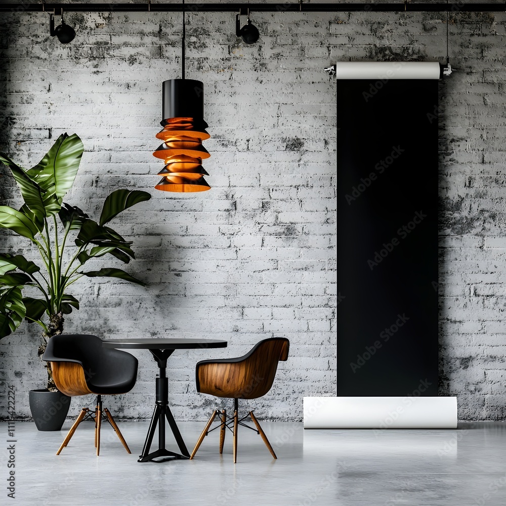 Poster minimalist empty studio setup with a carefully composed roll up banner backdrop stark white lighting