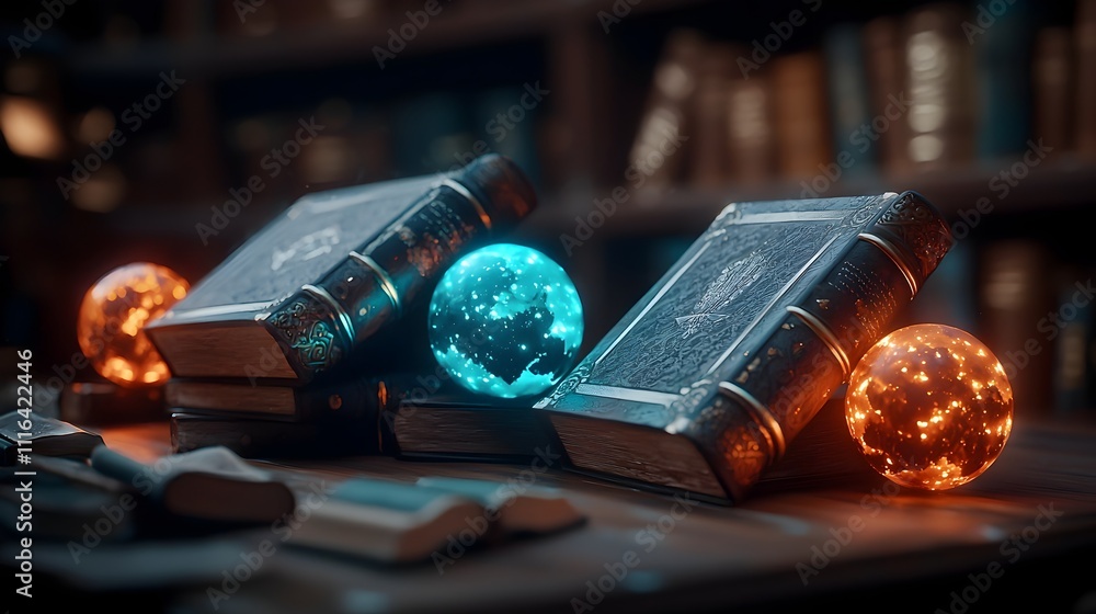 Poster a cozy dimly lit library space filled with an array of weathered ancient tomes and glowing ethereal 