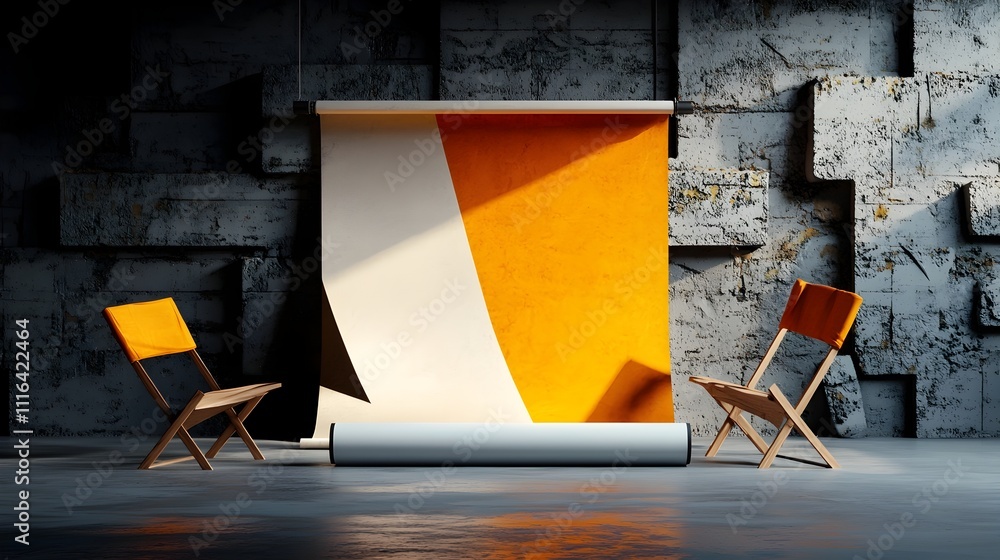 Aufkleber minimalist studio setting featuring an empty roll up banner dramatic chiaroscuro lighting creating s