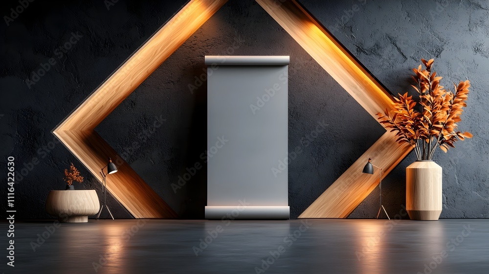 Poster minimalist studio environment featuring an empty roll up banner clean geometric forms a muted color 