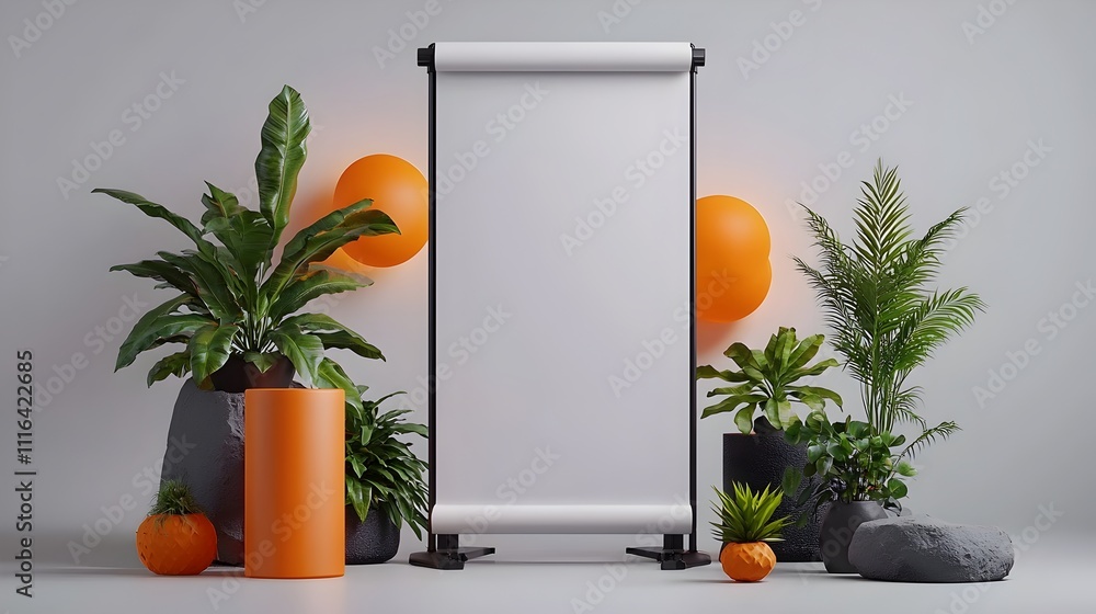 Poster sleek and modern minimalist studio setting featuring an empty roll up banner with focused lighting a
