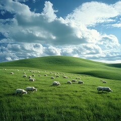 Fototapeta premium A serene landscape featuring sheep grazing on lush green hills under a blue sky with fluffy clouds, This image can be used for agricultural themes, nature articles, or rural lifestyle promotions,