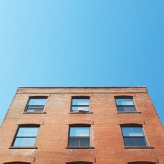 Obraz premium A close-up view of a brick building with several windows against a clear blue sky, ideal for architectural projects, real estate ads, or urban lifestyle content showcasing classic city design,