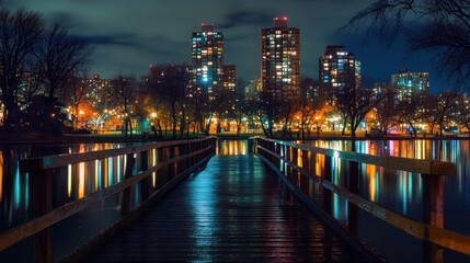Fototapeta premium A serene night scene featuring a wooden bridge leading to a city skyline reflected in water.