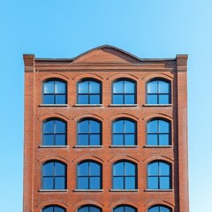 Obraz premium A striking image of a historic red brick building showcasing uniform arched windows against a clear blue sky, Ideal for real estate, architecture, urban development, or design projects,