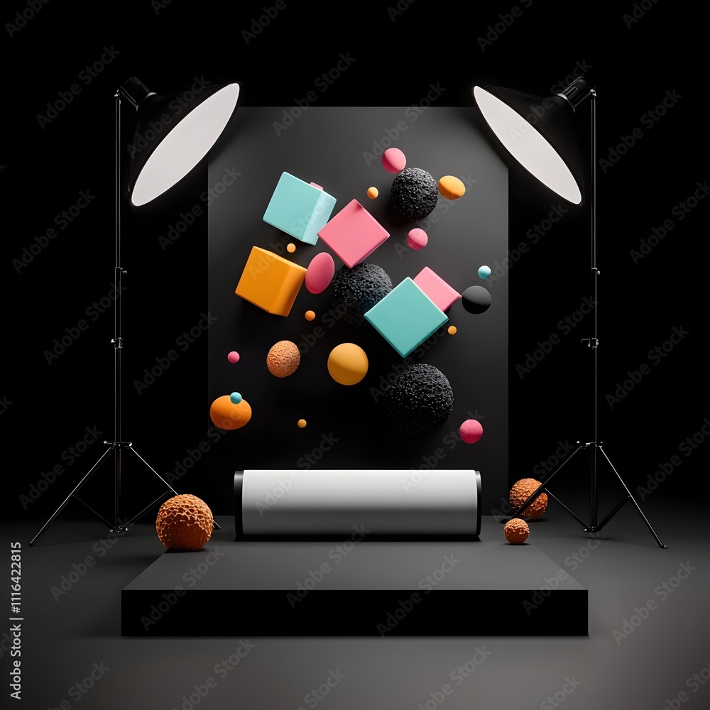 Poster captivating minimalist studio setting with dramatic directional lighting highlighting abstract 3d in