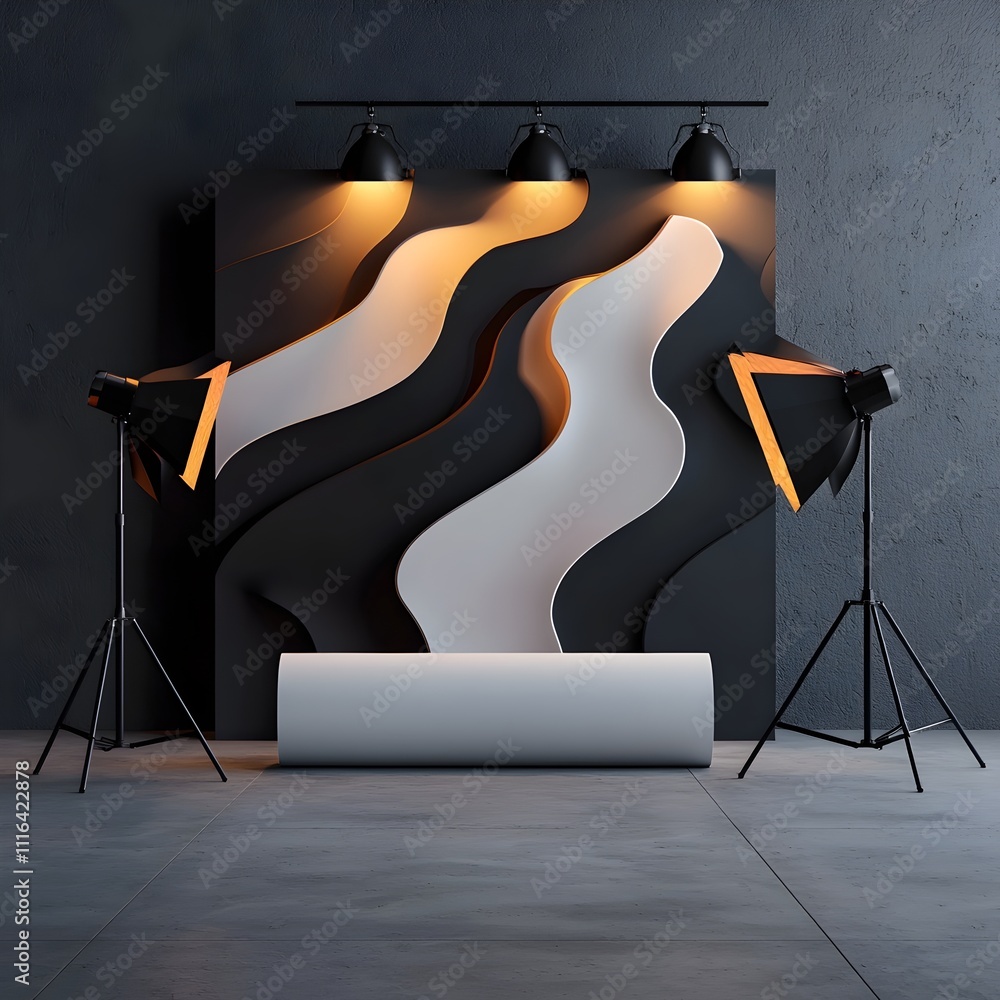 Poster minimalist studio setting featuring an empty roll up display with a dramatic 3d installation