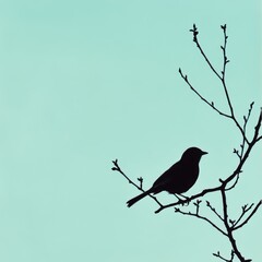 A silhouetted bird perched on a branch against a soft, pastel background, This image conveys tranquility and nature, ideal for use in designs related to wildlife, eco-friendly themes, and relaxation,