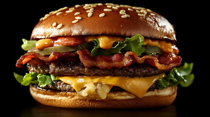 Juicy Double Cheeseburger with Crispy Bacon and Lettuce - Realistic Food Photography